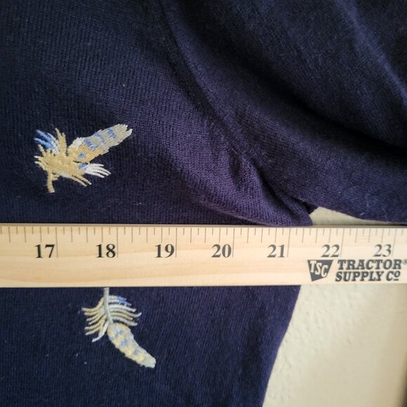 Talbots Sweater Women's XL Blue Embroidered Feathers Button Shoulder Boho - Picture 7 of 8